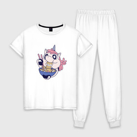 Женская пижама хлопок с принтом Единорог ест Рамен в Кировске, 100% хлопок | брюки и футболка прямого кроя, без карманов, на брюках мягкая резинка на поясе и по низу штанин | anime | cute | kanji | kawaii | manga | pink | rainbow | sushi | unicorn | unicorns | анимешный | волшебный | грааль | единорожка | иероглифы | катакана | кушает | лапша | макароны | манга | милота | милый | повелитель | радуга | рамен