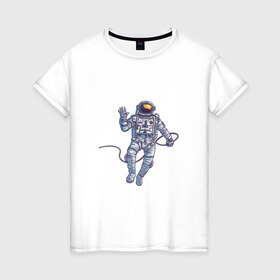 Женская футболка хлопок с принтом Привет от космонавта в Кировске, 100% хлопок | прямой крой, круглый вырез горловины, длина до линии бедер, слегка спущенное плечо | арт | астронавт | космонавт | космос | невесомость | передаёт привет | привет | рисунок | скафандр