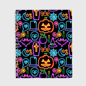 Тетрадь с принтом Halloween в Кировске, 100% бумага | 48 листов, плотность листов — 60 г/м2, плотность картонной обложки — 250 г/м2. Листы скреплены сбоку удобной пружинной спиралью. Уголки страниц и обложки скругленные. Цвет линий — светло-серый
 | 31 октября | halloween | halowen | ведьма | день всех святых | джек | костюм | кровь | лого | монстр | надпись | праздник | приведение | призрак | светильник | символ | страшная | тыква | ужасы | хеллоуин | хеллуин