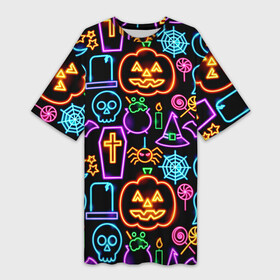 Платье-футболка 3D с принтом Halloween в Кировске,  |  | 31 октября | halloween | halowen | ведьма | день всех святых | джек | костюм | кровь | лого | монстр | надпись | праздник | приведение | призрак | светильник | символ | страшная | тыква | ужасы | хеллоуин | хеллуин