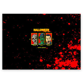 Поздравительная открытка с принтом Halloween в Кировске, 100% бумага | плотность бумаги 280 г/м2, матовая, на обратной стороне линовка и место для марки
 | 31 октября | halloween | halowen | ведьма | день всех святых | джек | костюм | кровь | лого | монстр | надпись | праздник | приведение | призрак | светильник | символ | страшная | тыква | ужасы | хеллоуин | хеллуин