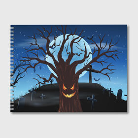 Альбом для рисования с принтом Жуткое дерево на кладбище в Кировске, 100% бумага
 | матовая бумага, плотность 200 мг. | Тематика изображения на принте: 2020 | evil | halloween | tree | ветви | дерево | дуб | зло | кладбище | луна | монстр | ночь | полночь | страшный | ужасающий | хэллоуин | хэлоуин