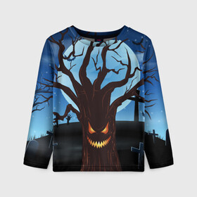 Детский лонгслив 3D с принтом Жуткое дерево на кладбище в Кировске, 100% полиэстер | длинные рукава, круглый вырез горловины, полуприлегающий силуэт
 | 2020 | evil | halloween | tree | ветви | дерево | дуб | зло | кладбище | луна | монстр | ночь | полночь | страшный | ужасающий | хэллоуин | хэлоуин