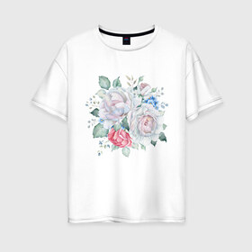 Женская футболка хлопок Oversize с принтом Букет белые розы в Кировске, 100% хлопок | свободный крой, круглый ворот, спущенный рукав, длина до линии бедер
 | белые розы | букет | лето | нежность | цветы