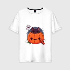 Женская футболка хлопок Oversize с принтом Киса в тыкве в Кировске, 100% хлопок | свободный крой, круглый ворот, спущенный рукав, длина до линии бедер
 | cat | halloween | kitty | киса | кот | котик | кошка | тыква | хэллоуин