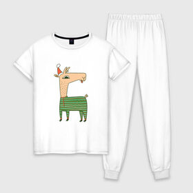 Женская пижама хлопок с принтом Рождественская Лама в Кировске, 100% хлопок | брюки и футболка прямого кроя, без карманов, на брюках мягкая резинка на поясе и по низу штанин | 