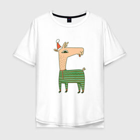 Мужская футболка хлопок Oversize с принтом Рождественская Лама в Кировске, 100% хлопок | свободный крой, круглый ворот, “спинка” длиннее передней части | 