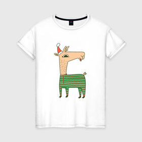 Женская футболка хлопок с принтом Рождественская Лама в Кировске, 100% хлопок | прямой крой, круглый вырез горловины, длина до линии бедер, слегка спущенное плечо | 
