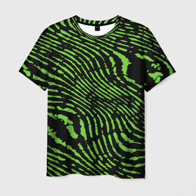 Мужская футболка 3D с принтом Зебра в Кировске, 100% полиэфир | прямой крой, круглый вырез горловины, длина до линии бедер | Тематика изображения на принте: green | green lines | green neon | green neon lines | green zebra | lines | zebra | в полоску | зебра | зеленая зебра | зелёные полосы | зелёный | зелёный неон | полоски | полосы