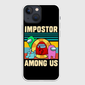 Чехол для iPhone 13 mini с принтом Among Us IMPOSTOR в Кировске,  |  | Тематика изображения на принте: art | game | impostor | meme | parody | retro | shh | sus | there is 1 | there is impostor among us | vintage | арт | винтаж | игра | иллюстрация | кнопка | мем | мемы | пародия | подозрительный | предатель среди нас | разноцветные космонавты |