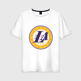 Женская футболка хлопок Oversize с принтом LA Lakers в Кировске, 100% хлопок | свободный крой, круглый ворот, спущенный рукав, длина до линии бедер
 | 23 | anthony davis | basketball | bryant | game | james | kobe | lebron | los angeles | nba | sport | баскетбол | брайант | бровь | джеймс | калифорния | коби | король | леброн | лейкерс | лос анджелес | нба | спорт | тренер | чемпио