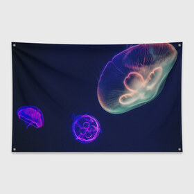 Флаг-баннер с принтом Фантастическая медуза в Кировске, 100% полиэстер | размер 67 х 109 см, плотность ткани — 95 г/м2; по краям флага есть четыре люверса для крепления | медуза | медуза в море | морская медуза | плавающая медуза | светящаяся медуза