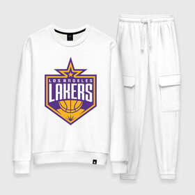 Женский костюм хлопок с принтом Los Angeles Lakers в Кировске, 100% хлопок | на свитшоте круглая горловина, мягкая резинка по низу. Брюки заужены к низу, на них два вида карманов: два 