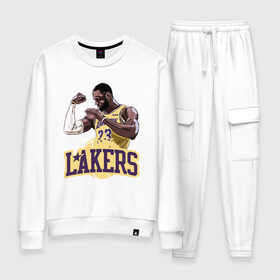 Женский костюм хлопок с принтом LeBron - Lakers в Кировске, 100% хлопок | на свитшоте круглая горловина, мягкая резинка по низу. Брюки заужены к низу, на них два вида карманов: два 