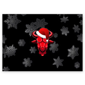 Поздравительная открытка с принтом Бык в Кировске, 100% бумага | плотность бумаги 280 г/м2, матовая, на обратной стороне линовка и место для марки
 | 2021 | bull | new year | red bull | бык | бычара | гирлянда | дед мороз | елка | мем | модная | новогодняя | новый год | прикол | ред булл | рога | санта | символ года | снег | снежинка