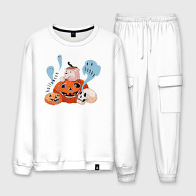 Мужской костюм хлопок с принтом Mishka phantoms and pumpkins в Кировске, 100% хлопок | на свитшоте круглая горловина, мягкая резинка по низу. Брюки заужены к низу, на них два вида карманов: два “обычных” по бокам и два объемных, с клапанами, расположенные ниже линии бедра. Брюки с мягкой трикотажной резинкой на поясе и по низу штанин. В поясе для дополнительного комфорта — широкие завязки | Тематика изображения на принте: bear | halloween | hallowen | halowen | helloween | mishka | phantom | phantoms | pumpkin | pumpkins | день всех святых | медведь | медвежонок | мишка | приведение | тыква | тыквы | фантомы | халовен | халовин | хеллуин