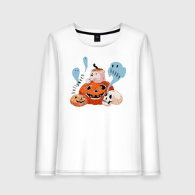 Женский лонгслив хлопок с принтом Mishka phantoms and pumpkins в Кировске, 100% хлопок |  | bear | halloween | hallowen | halowen | helloween | mishka | phantom | phantoms | pumpkin | pumpkins | день всех святых | медведь | медвежонок | мишка | приведение | тыква | тыквы | фантомы | халовен | халовин | хеллуин