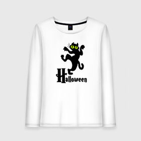 Женский лонгслив хлопок с принтом Хэллоуин - Черный кот в Кировске, 100% хлопок |  | cat | halloween | кот | котик | кошки | хэллоуин | черный кот