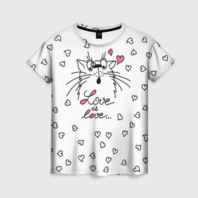Женская футболка 3D с принтом Любовь - Кот в Кировске, 100% полиэфир ( синтетическое хлопкоподобное полотно) | прямой крой, круглый вырез горловины, длина до линии бедер | cat | love | котики | коты | кошки | любовь | сердце