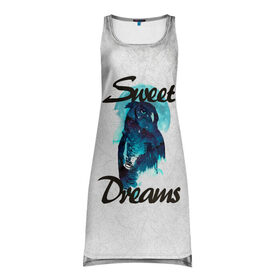 Платье-майка 3D с принтом Сова в Кировске, 100% полиэстер | полуприлегающий силуэт, широкие бретели, круглый вырез горловины, удлиненный подол сзади. | sweet dreams | звезды | луна | ночная жизнь | ночь | сновидения | сны | сова | сон | спокойной ночи