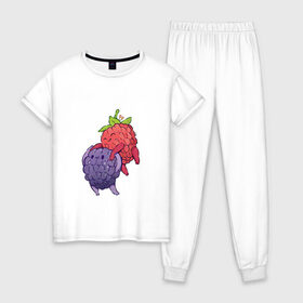 Женская пижама хлопок с принтом Смородинки в Кировске, 100% хлопок | брюки и футболка прямого кроя, без карманов, на брюках мягкая резинка на поясе и по низу штанин | Тематика изображения на принте: арт | красная смородина | мило | милота | рисунок | свежая ягода | свежие ягоды | свежий продукт | смородина | чёрная смородина | ягода | ягоды