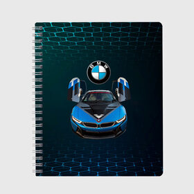 Тетрадь с принтом BMW i8 Turbo тюнинговая в Кировске, 100% бумага | 48 листов, плотность листов — 60 г/м2, плотность картонной обложки — 250 г/м2. Листы скреплены сбоку удобной пружинной спиралью. Уголки страниц и обложки скругленные. Цвет линий — светло-серый
 | Тематика изображения на принте: bmw | bmw performance | bmw тюнинговая | i8 | i8 turbo | m | motorsport | performance | бмв | моторспорт | тюнинг