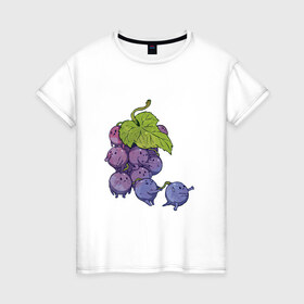 Женская футболка хлопок с принтом Виноградинки в Кировске, 100% хлопок | прямой крой, круглый вырез горловины, длина до линии бедер, слегка спущенное плечо | арт | веточка винограда | виноград | виноградинки | мило | милота | рисунок | свежая ягода | свежие ягоды | свежий продукт | синий виноград | ягода | ягоды