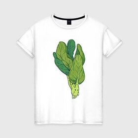 Женская футболка хлопок с принтом Шпинат в Кировске, 100% хлопок | прямой крой, круглый вырез горловины, длина до линии бедер, слегка спущенное плечо | арт | мило | милота | овощ | овощи | рисунок | свежие овощи | свежий овощ | свежий продукт | шпинат