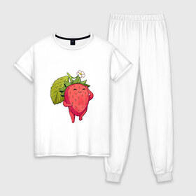 Женская пижама хлопок с принтом Довольная клубника в Кировске, 100% хлопок | брюки и футболка прямого кроя, без карманов, на брюках мягкая резинка на поясе и по низу штанин | арт | белый цветок | белый цветочек | клубника | мило | милота | рисунок | свежая ягода | свежие ягоды | свежий продукт | цветок | цветочек | ягода | ягоды
