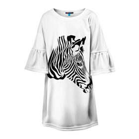 Детское платье 3D с принтом Zebra в Кировске, 100% полиэстер | прямой силуэт, чуть расширенный к низу. Круглая горловина, на рукавах — воланы | Тематика изображения на принте: africa | black | savanna | stripe | white | zebra | африка | белый | зебра | полоска | саванна | черный
