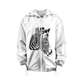 Детская куртка 3D с принтом Zebra в Кировске, 100% полиэстер | застежка — молния, подол и капюшон оформлены резинкой с фиксаторами, по бокам — два кармана без застежек, один потайной карман на груди, плотность верхнего слоя — 90 г/м2; плотность флисового подклада — 260 г/м2 | africa | black | savanna | stripe | white | zebra | африка | белый | зебра | полоска | саванна | черный