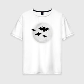 Женская футболка хлопок Oversize с принтом Halloween в Кировске, 100% хлопок | свободный крой, круглый ворот, спущенный рукав, длина до линии бедер
 | bat | bats | halloween | moon | летучии | луна | мыши | хэллоуин