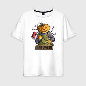 Женская футболка хлопок Oversize с принтом Halloween в Кировске, 100% хлопок | свободный крой, круглый ворот, спущенный рукав, длина до линии бедер
 | blood | diablo | haloween | horror | дьявол | зомби | кости | кровь | мозги | мясо | страшилка | ужасы | хеллоуин | хелоуин