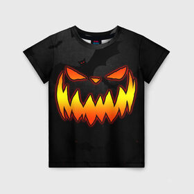 Детская футболка 3D с принтом Pumpkin smile and bats в Кировске, 100% гипоаллергенный полиэфир | прямой крой, круглый вырез горловины, длина до линии бедер, чуть спущенное плечо, ткань немного тянется | Тематика изображения на принте: 2020 | bat | bats | face | halloween | mask | nightmare | pumpkin | scary | smile | smiling | летучая | лицо | маска | мыши | мышь | привидение | страшная | тыква | улыбка | хэлоуин