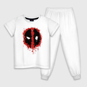 Детская пижама хлопок с принтом Deadpool logo в Кировске, 100% хлопок |  брюки и футболка прямого кроя, без карманов, на брюках мягкая резинка на поясе и по низу штанин
 | Тематика изображения на принте: deadpool | logo | marvel | mutant | vdshardan | wade wilson | болтливый наемник | вэйд вилсон | дадпул | дедпул | дэдпул | дэтпул | комиксы | логотип | марвел | мутант | супергерой | уэйд уилсон