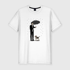 Мужская футболка хлопок Slim с принтом Под дождем в Кировске, 92% хлопок, 8% лайкра | приталенный силуэт, круглый вырез ворота, длина до линии бедра, короткий рукав | beagle | бигль | джон уикместь | дождь | забота | защита животных | зонт | киану ривз | охрана | собака