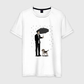Мужская футболка хлопок с принтом Под дождем в Кировске, 100% хлопок | прямой крой, круглый вырез горловины, длина до линии бедер, слегка спущенное плечо. | Тематика изображения на принте: beagle | бигль | джон уикместь | дождь | забота | защита животных | зонт | киану ривз | охрана | собака