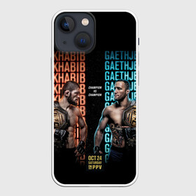 Чехол для iPhone 13 mini с принтом KHABIB VS. GAETHJE в Кировске,  |  | Тематика изображения на принте: america | dagestan | eagle | gaethje | highlights | justin | khabib | nurmagomedov | russia | the | ufc | америка | дагестан | джастин | нурмагомедов | орёл | россия | хабиб | хайлайт | юфс