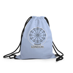 Рюкзак-мешок 3D с принтом Лондон London Eye в Кировске, 100% полиэстер | плотность ткани — 200 г/м2, размер — 35 х 45 см; лямки — толстые шнурки, застежка на шнуровке, без карманов и подкладки | Тематика изображения на принте: blue circle | england | english | europe | eye | gb | icon | london | travel | uk | vacation | англия | аттракцион | великобритания | европа | иконка | колесо обозрения | лондон | лондонский глаз | надпись | отпуск | поездка | путешествие |