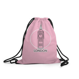 Рюкзак-мешок 3D с принтом Биг Бен, Лондон, London в Кировске, 100% полиэстер | плотность ткани — 200 г/м2, размер — 35 х 45 см; лямки — толстые шнурки, застежка на шнуровке, без карманов и подкладки | big ben | clock | england | europe | london | pink | travel | англия | башня | башня елизаветы | биг бен | великобритания | европа | иконка | круг | лондон | надпись | путешествия | розовый | символ | часы
