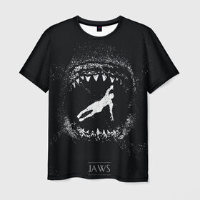 Мужская футболка 3D с принтом Челюсти JAWS в Кировске, 100% полиэфир | прямой крой, круглый вырез горловины, длина до линии бедер | 2020 | shark | sharks | акула | акулы | зубы | клыки | мегаладон | меголадон | пиранья | про | фильм | фильм про акул | фильм челюсти | хеллоуин | хэллоуин | челюсти