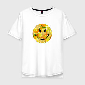 Мужская футболка хлопок Oversize с принтом Смайлик с цитрусами в Кировске, 100% хлопок | свободный крой, круглый ворот, “спинка” длиннее передней части | Тематика изображения на принте: апельсин | апельсинки | весёлый | детский | жара | желтый | женский | зелёный | лаймы | летний | лето | лимон | лимоны | оранжевый | отдых | пляж | подростковый | прикол | прикольный | радость | ребёнок