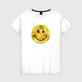 Женская футболка хлопок с принтом Смайлик с цитрусами в Кировске, 100% хлопок | прямой крой, круглый вырез горловины, длина до линии бедер, слегка спущенное плечо | апельсин | апельсинки | весёлый | детский | жара | желтый | женский | зелёный | лаймы | летний | лето | лимон | лимоны | оранжевый | отдых | пляж | подростковый | прикол | прикольный | радость | ребёнок