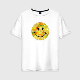 Женская футболка хлопок Oversize с принтом Смайлик с цитрусами в Кировске, 100% хлопок | свободный крой, круглый ворот, спущенный рукав, длина до линии бедер
 | апельсин | апельсинки | весёлый | детский | жара | желтый | женский | зелёный | лаймы | летний | лето | лимон | лимоны | оранжевый | отдых | пляж | подростковый | прикол | прикольный | радость | ребёнок