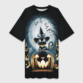 Платье-футболка 3D с принтом Хэллоуин Кот в Кировске,  |  | 2020 | cat | cats | halloween | джек | киса | кисуля | кот | котик | коты | кошечка | ленивец | мяу | октябрь | панда | призрак | призраки | собака | тыква | хеллоуин | хелоуин | хэллоуин | хэлоуин | черный кот | щеночек