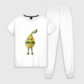 Женская пижама хлопок с принтом Лимон в Кировске, 100% хлопок | брюки и футболка прямого кроя, без карманов, на брюках мягкая резинка на поясе и по низу штанин | жёлтый | зелёный мультяшный | лимон | фрукты