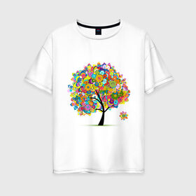 Женская футболка хлопок Oversize с принтом Flower tree в Кировске, 100% хлопок | свободный крой, круглый ворот, спущенный рукав, длина до линии бедер
 | девушкам | дерево | зелень | листок | орнамент | цветы