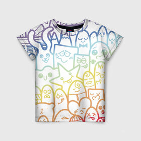 Детская футболка 3D с принтом Радужные дудлы в Кировске, 100% гипоаллергенный полиэфир | прямой крой, круглый вырез горловины, длина до линии бедер, чуть спущенное плечо, ткань немного тянется | doodle | горы | динозавр | дудл | жираф | заяц | звезда | карандаш | лапки | медведь | облако | птица | радуга | сердце | телевизор | улыбка | утёнок