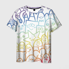 Мужская футболка 3D с принтом Радужные дудлы в Кировске, 100% полиэфир | прямой крой, круглый вырез горловины, длина до линии бедер | Тематика изображения на принте: doodle | горы | динозавр | дудл | жираф | заяц | звезда | карандаш | лапки | медведь | облако | птица | радуга | сердце | телевизор | улыбка | утёнок