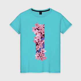 Женская футболка хлопок с принтом Ветви сакуры в Кировске, 100% хлопок | прямой крой, круглый вырез горловины, длина до линии бедер, слегка спущенное плечо | ветви | градиент | лепестки | полоса | розовый | сакура | темно синий | фиолетовый